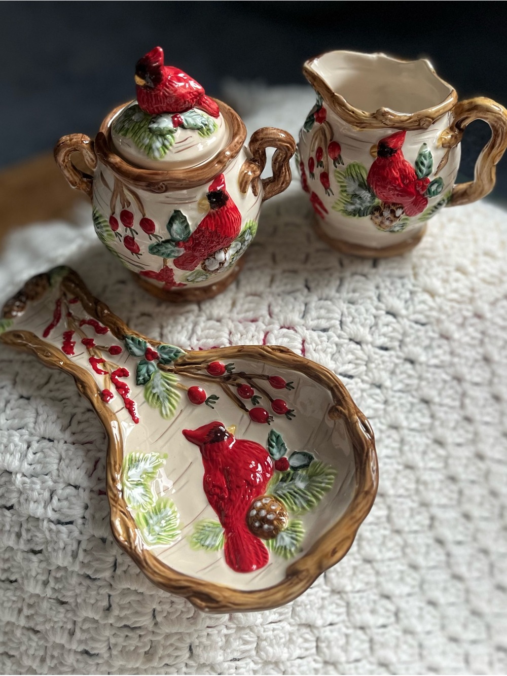 Christmas Traditions Red
Cardinal Bird Sugar Bowl, Creamer Set and Spoon Rest
